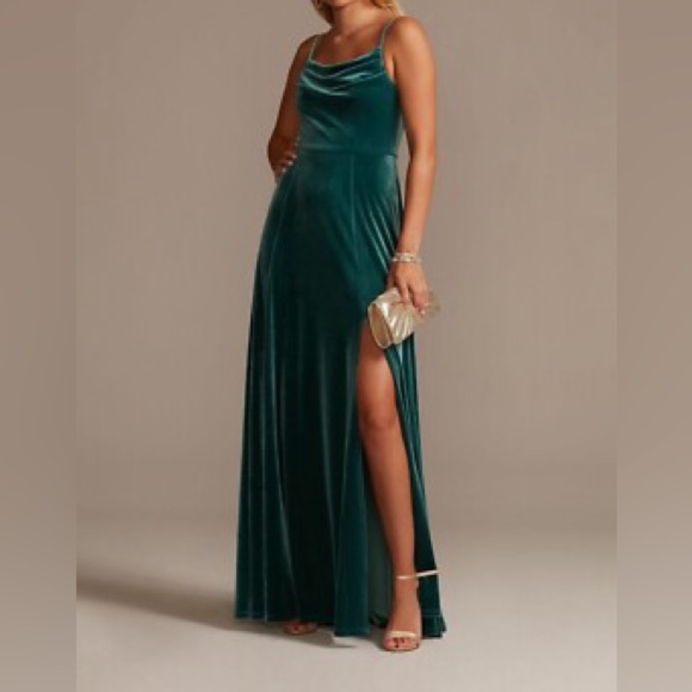 Velvet Cowl Neck Spaghetti Strap Bridesmaid Prom Dress - David’s Bridal in Gem